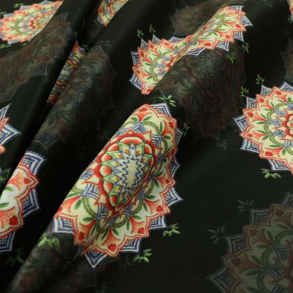 Freedom Printed Velvet Fabric All Black Background Colourful Medallion Pattern Upholstery Fabric CTR-561 - Roman Blinds