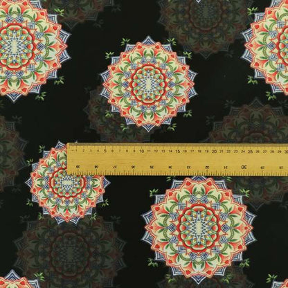 Freedom Printed Velvet Fabric All Black Background Colourful Medallion Pattern Upholstery Fabric CTR-561 - Roman Blinds