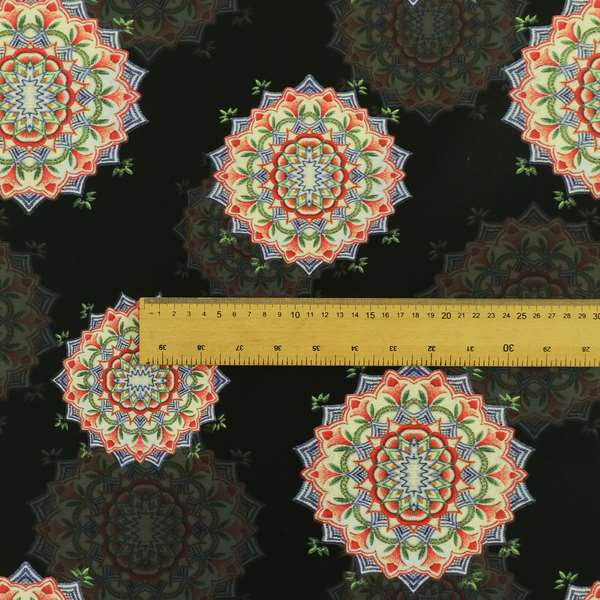 Freedom Printed Velvet Fabric All Black Background Colourful Medallion Pattern Upholstery Fabric CTR-561