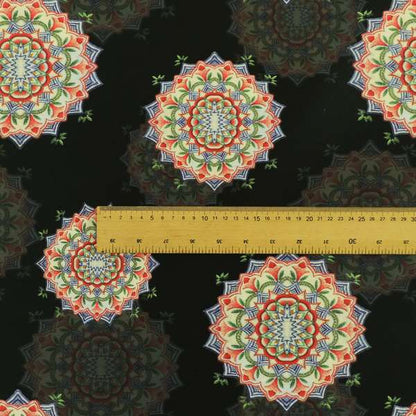 Freedom Printed Velvet Fabric All Black Background Colourful Medallion Pattern Upholstery Fabric CTR-561 - Handmade Cushions