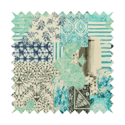 Freedom Printed Velvet Fabric Aqua Teal Blue Full Patchwork Pattern Upholstery Fabrics CTR-569 - Roman Blinds