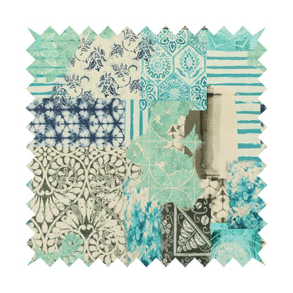 Freedom Printed Velvet Fabric Aqua Teal Blue Full Patchwork Pattern Upholstery Fabrics CTR-569 - Handmade Cushions