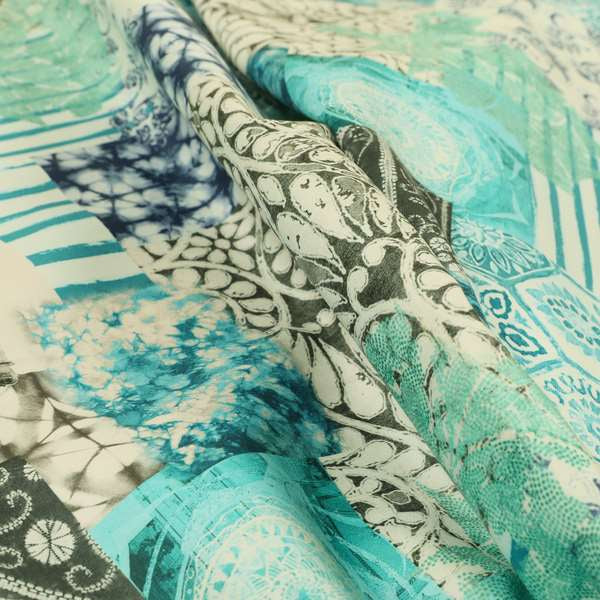 Freedom Printed Velvet Fabric Aqua Teal Blue Full Patchwork Pattern Upholstery Fabrics CTR-569 - Made To Measure Curtains