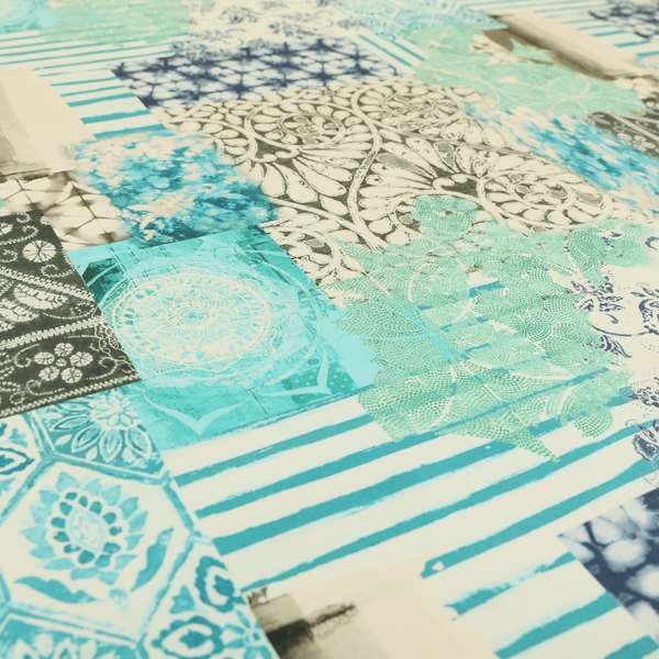 Freedom Printed Velvet Fabric Aqua Teal Blue Full Patchwork Pattern Upholstery Fabrics CTR-569 - Handmade Cushions