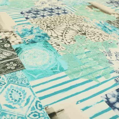 Freedom Printed Velvet Fabric Aqua Teal Blue Full Patchwork Pattern Upholstery Fabrics CTR-569 - Handmade Cushions