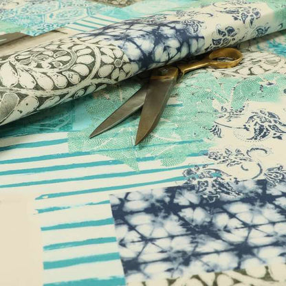 Freedom Printed Velvet Fabric Aqua Teal Blue Full Patchwork Pattern Upholstery Fabrics CTR-569 - Made To Measure Curtains