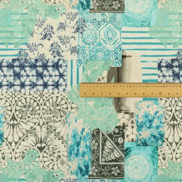 Freedom Printed Velvet Fabric Aqua Teal Blue Full Patchwork Pattern Upholstery Fabrics CTR-569 - Made To Measure Curtains