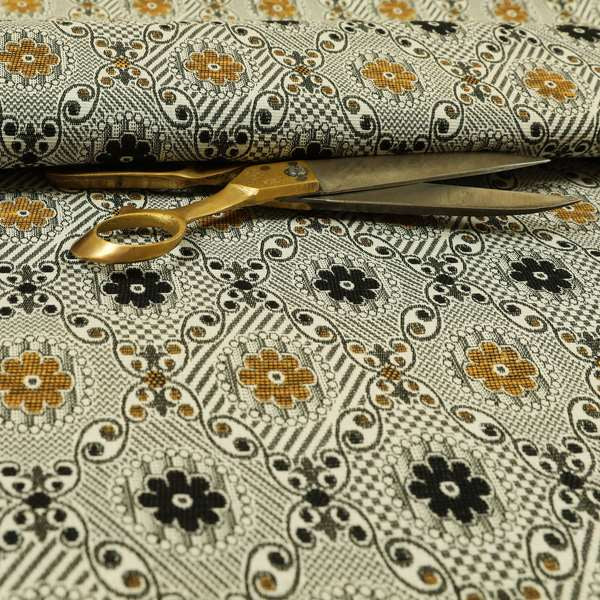 Kodiak Textured Glitter Upholstery Furnishing Pattern Fabric Small Floral In Black Yellow Silver CTR-571 - Roman Blinds