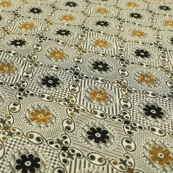 Kodiak Textured Glitter Upholstery Furnishing Pattern Fabric Small Floral In Black Yellow Silver CTR-571 - Made To Measure Curtains