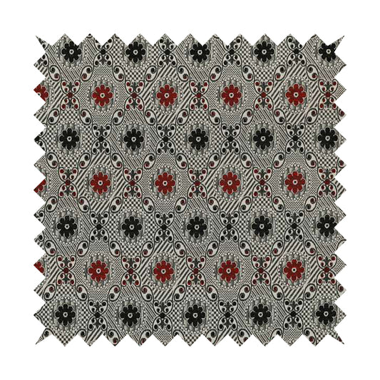 Kodiak Textured Glitter Upholstery Furnishing Pattern Fabric Small Floral In Black Red Silver CTR-572