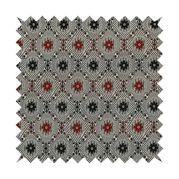 Kodiak Textured Glitter Upholstery Furnishing Pattern Fabric Small Floral In Black Red Silver CTR-572 - Made To Measure Curtains