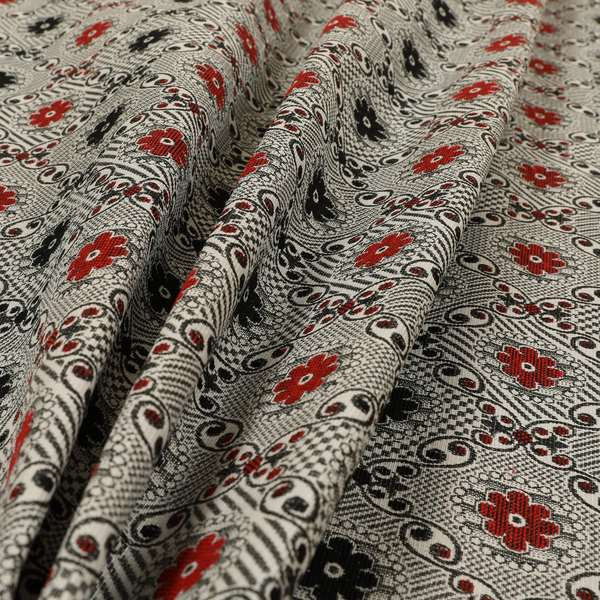 Kodiak Textured Glitter Upholstery Furnishing Pattern Fabric Small Floral In Black Red Silver CTR-572 - Roman Blinds