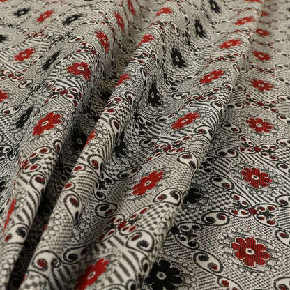 Kodiak Textured Glitter Upholstery Furnishing Pattern Fabric Small Floral In Black Red Silver CTR-572 - Roman Blinds