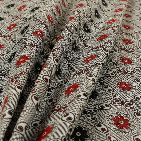Kodiak Textured Glitter Upholstery Furnishing Pattern Fabric Small Floral In Black Red Silver CTR-572