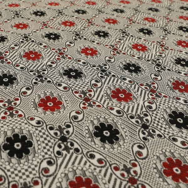 Kodiak Textured Glitter Upholstery Furnishing Pattern Fabric Small Floral In Black Red Silver CTR-572 - Roman Blinds