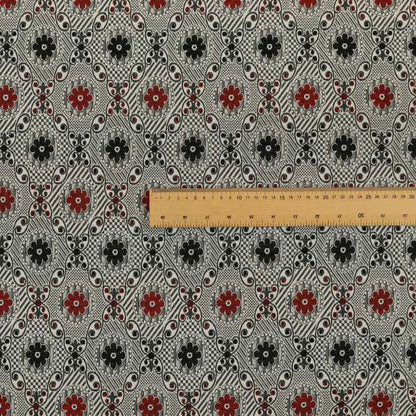 Kodiak Textured Glitter Upholstery Furnishing Pattern Fabric Small Floral In Black Red Silver CTR-572 - Roman Blinds