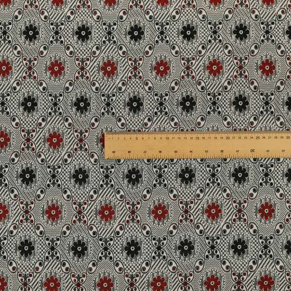 Kodiak Textured Glitter Upholstery Furnishing Pattern Fabric Small Floral In Black Red Silver CTR-572 - Handmade Cushions