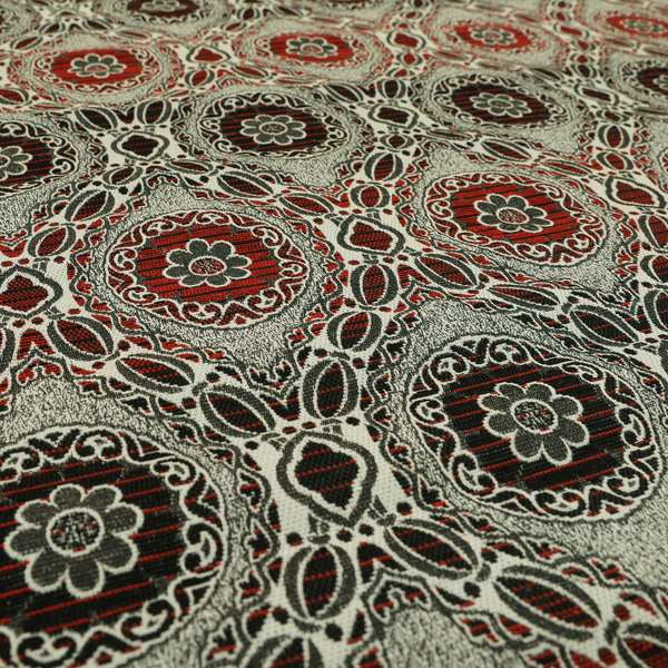 Palmer Textured Glitter Upholstery Furnishing Pattern Fabric Damask Circle In Black Red Silver CTR-575 - Roman Blinds