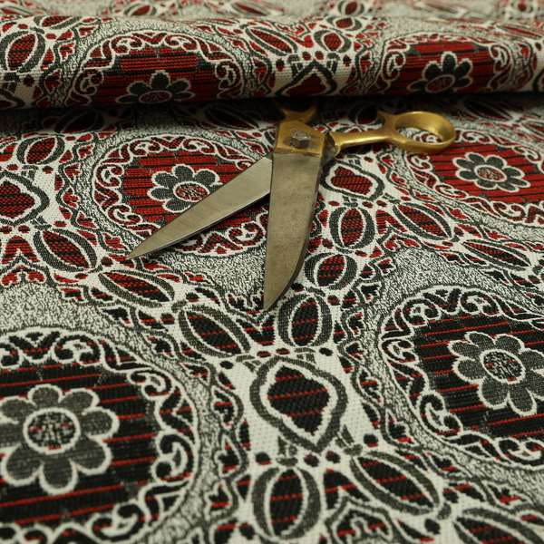 Palmer Textured Glitter Upholstery Furnishing Pattern Fabric Damask Circle In Black Red Silver CTR-575 - Roman Blinds