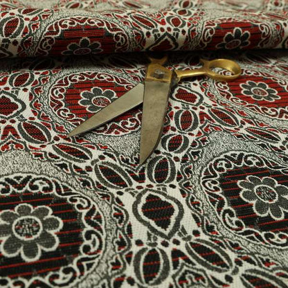 Palmer Textured Glitter Upholstery Furnishing Pattern Fabric Damask Circle In Black Red Silver CTR-575