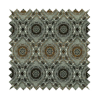 Palmer Textured Glitter Upholstery Furnishing Pattern Fabric Damask Circle In Grey Black Yellow CTR-576 - Roman Blinds