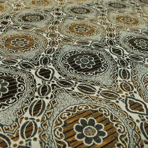 Palmer Textured Glitter Upholstery Furnishing Pattern Fabric Damask Circle In Grey Black Yellow CTR-576 - Made To Measure Curtains