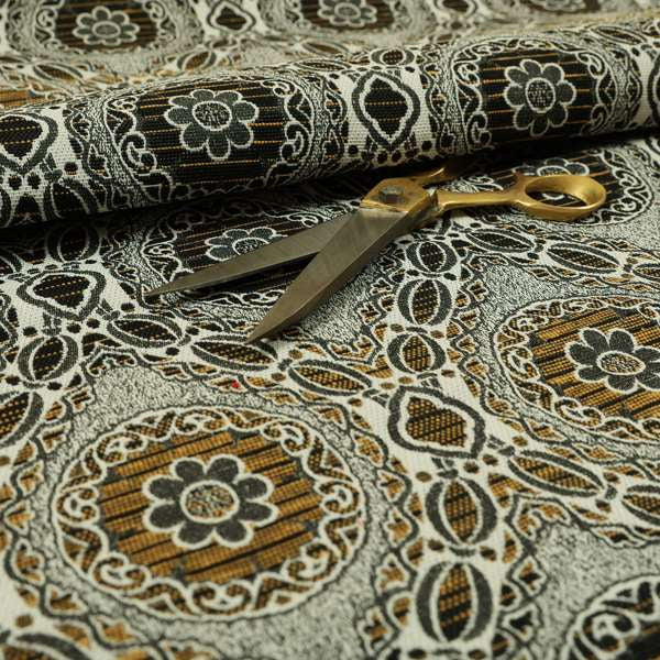 Palmer Textured Glitter Upholstery Furnishing Pattern Fabric Damask Circle In Grey Black Yellow CTR-576 - Roman Blinds