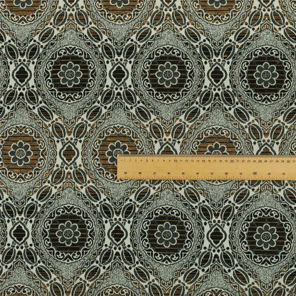 Palmer Textured Glitter Upholstery Furnishing Pattern Fabric Damask Circle In Grey Black Yellow CTR-576 - Roman Blinds