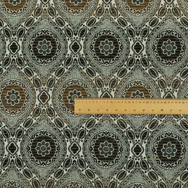 Palmer Textured Glitter Upholstery Furnishing Pattern Fabric Damask Circle In Grey Black Yellow CTR-576 - Made To Measure Curtains