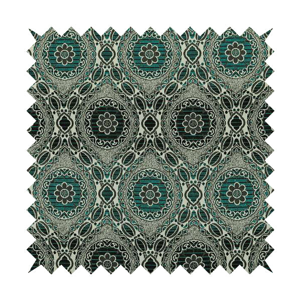 Palmer Textured Glitter Upholstery Furnishing Pattern Fabric Damask Circle In Silver Black Teal CTR-577 - Roman Blinds