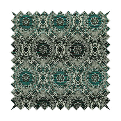 Palmer Textured Glitter Upholstery Furnishing Pattern Fabric Damask Circle In Silver Black Teal CTR-577 - Roman Blinds