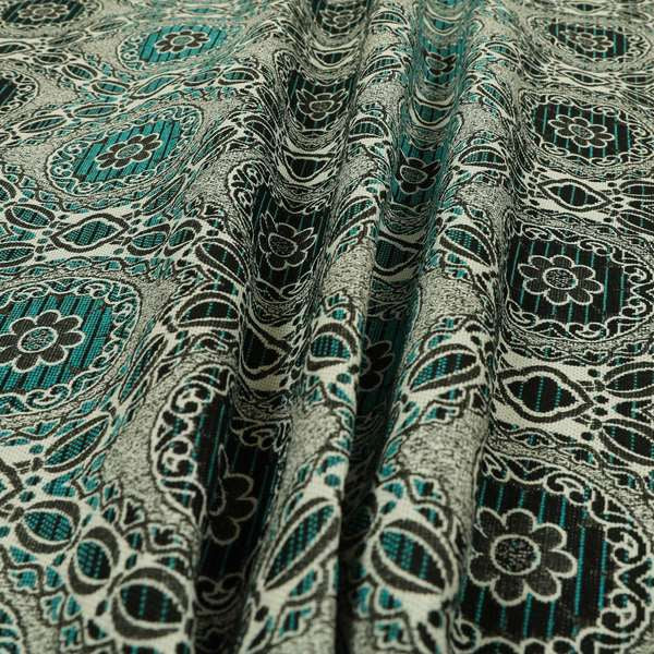 Palmer Textured Glitter Upholstery Furnishing Pattern Fabric Damask Circle In Silver Black Teal CTR-577 - Roman Blinds