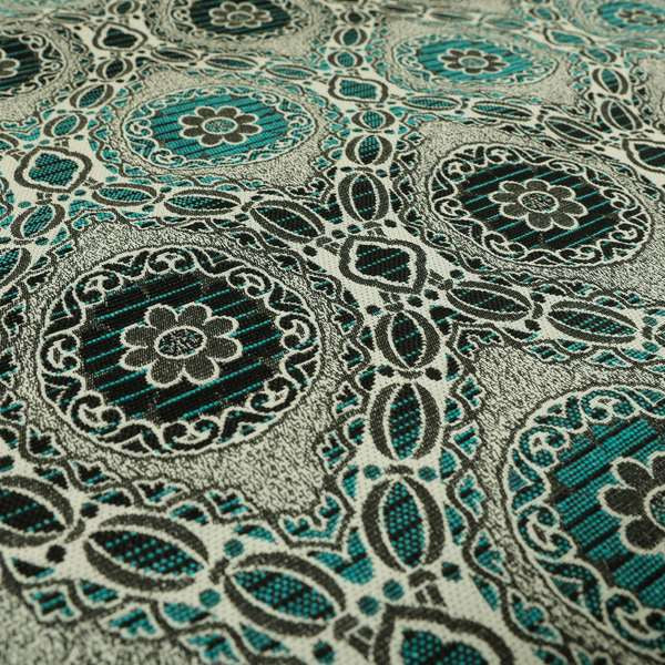 Palmer Textured Glitter Upholstery Furnishing Pattern Fabric Damask Circle In Silver Black Teal CTR-577 - Roman Blinds