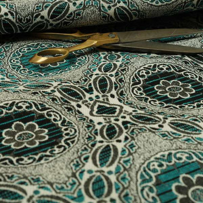 Palmer Textured Glitter Upholstery Furnishing Pattern Fabric Damask Circle In Silver Black Teal CTR-577 - Roman Blinds