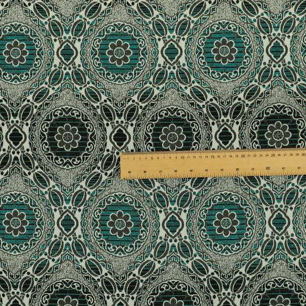 Palmer Textured Glitter Upholstery Furnishing Pattern Fabric Damask Circle In Silver Black Teal CTR-577 - Roman Blinds