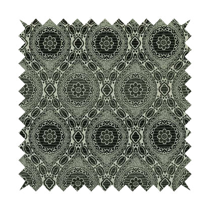 Palmer Textured Glitter Upholstery Furnishing Pattern Fabric Damask Circle In Silver Black Grey CTR-578 - Roman Blinds