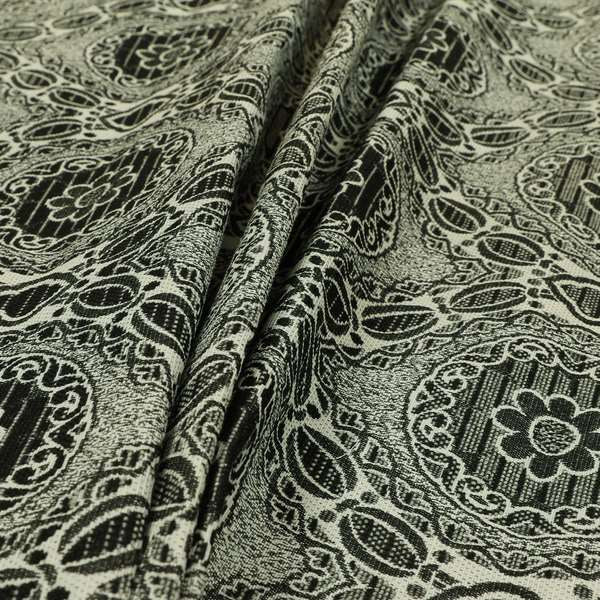 Palmer Textured Glitter Upholstery Furnishing Pattern Fabric Damask Circle In Silver Black Grey CTR-578 - Roman Blinds