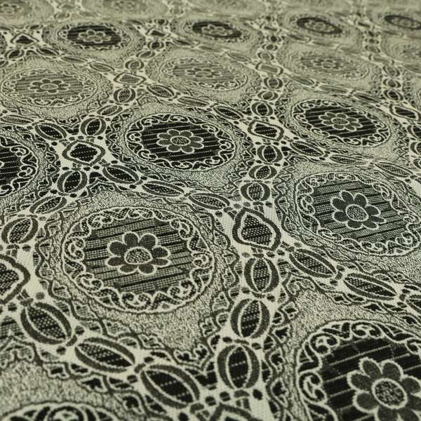 Palmer Textured Glitter Upholstery Furnishing Pattern Fabric Damask Circle In Silver Black Grey CTR-578