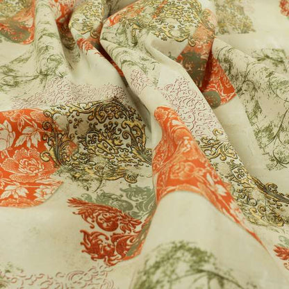 Freedom Printed Velvet Fabric Collection Traditional Floral Pattern In Orange Colours Upholstery Fabric CTR-58 - Made To Measure Curtains