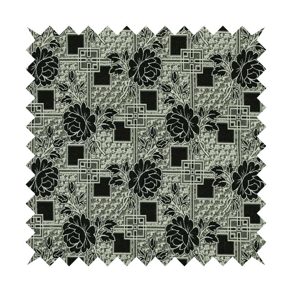 Kenai Glitter Upholstery Furnishing Pattern Fabric Patchwork Floral In Black Silver CTR-584 - Made To Measure Curtains