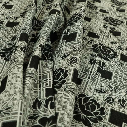 Kenai Glitter Upholstery Furnishing Pattern Fabric Patchwork Floral In Black Silver CTR-584 - Roman Blinds