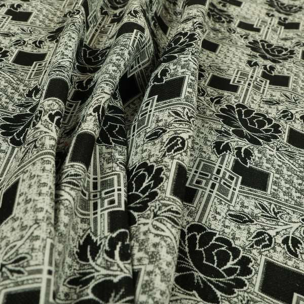 Kenai Glitter Upholstery Furnishing Pattern Fabric Patchwork Floral In Black Silver CTR-584 - Made To Measure Curtains