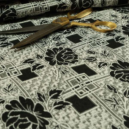 Kenai Glitter Upholstery Furnishing Pattern Fabric Patchwork Floral In Black Silver CTR-584 - Roman Blinds