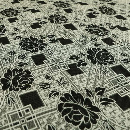 Kenai Glitter Upholstery Furnishing Pattern Fabric Patchwork Floral In Black Silver CTR-584 - Made To Measure Curtains