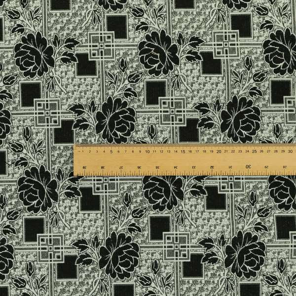 Kenai Glitter Upholstery Furnishing Pattern Fabric Patchwork Floral In Black Silver CTR-584 - Roman Blinds