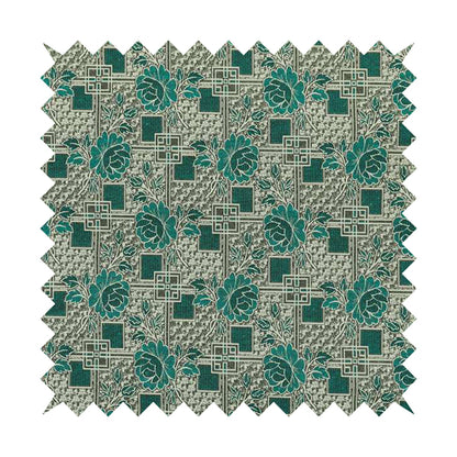 Kenai Glitter Upholstery Furnishing Pattern Fabric Patchwork Floral In Teal Silver CTR-585 - Roman Blinds