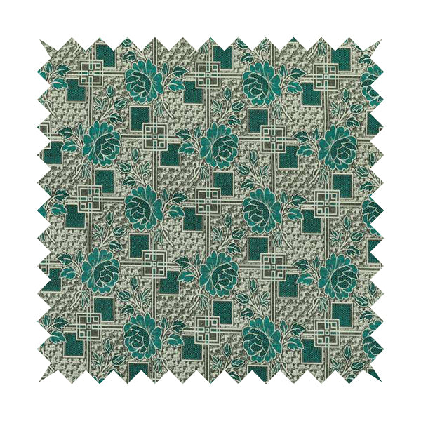 Kenai Glitter Upholstery Furnishing Pattern Fabric Patchwork Floral In Teal Silver CTR-585