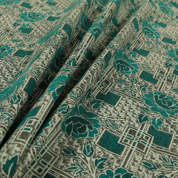 Kenai Glitter Upholstery Furnishing Pattern Fabric Patchwork Floral In Teal Silver CTR-585 - Made To Measure Curtains