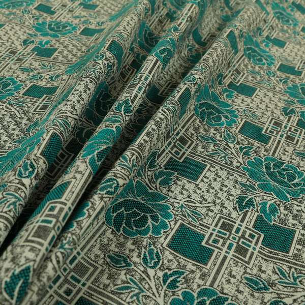 Kenai Glitter Upholstery Furnishing Pattern Fabric Patchwork Floral In Teal Silver CTR-585