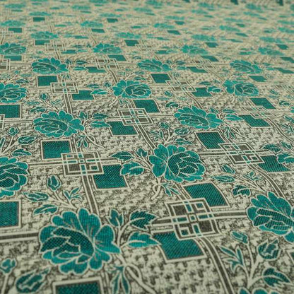 Kenai Glitter Upholstery Furnishing Pattern Fabric Patchwork Floral In Teal Silver CTR-585 - Made To Measure Curtains